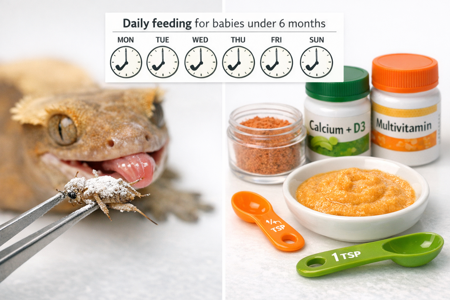 Landscape format (1536x1024) image depicting baby crested gecko feeding setup with split composition: left side shows small cricket dusted w