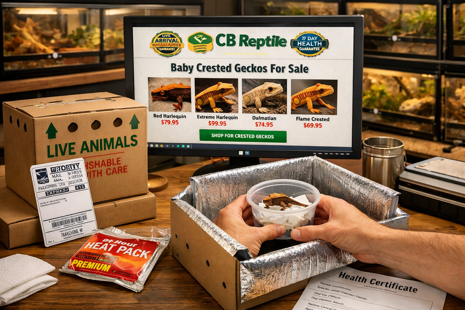 Landscape format (1536x1024) image showing reputable online reptile breeder workspace: computer screen displaying CB Reptile website with ba