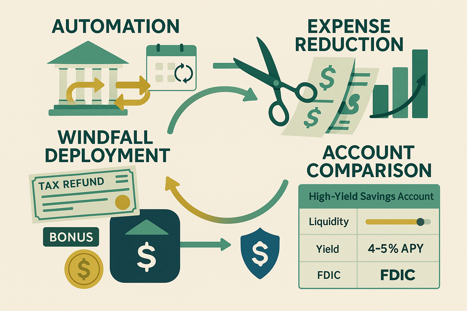 Detailed landscape visualization (1536x1024) showing step-by-step emergency fund building strategy with four connected sections: top left di