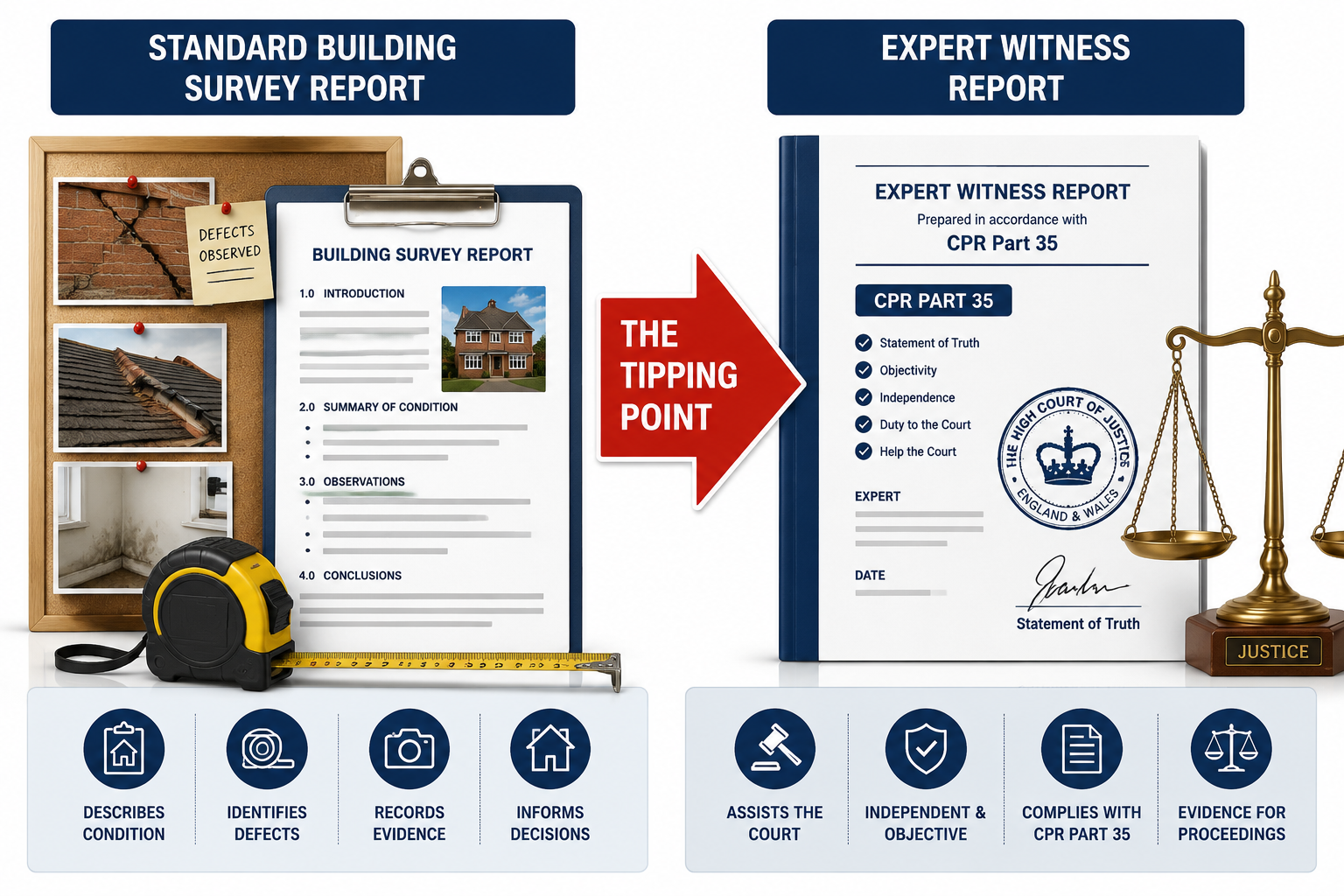 Detailed () illustration showing a side-by-side comparison diagram: on the left, a standard building survey report with