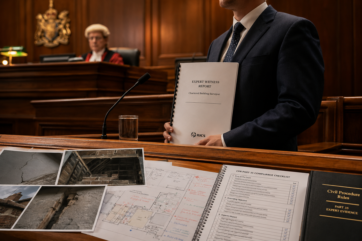 Detailed () courtroom scene viewed from a low angle showing a professional chartered surveyor standing at a witness box,