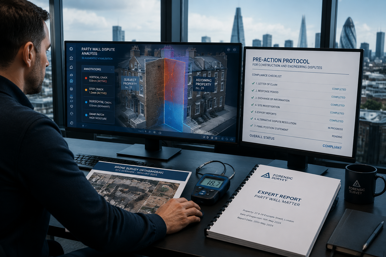 Detailed () technology-forward scene showing a surveyor at a modern desk with dual monitors: one screen displaying augmented