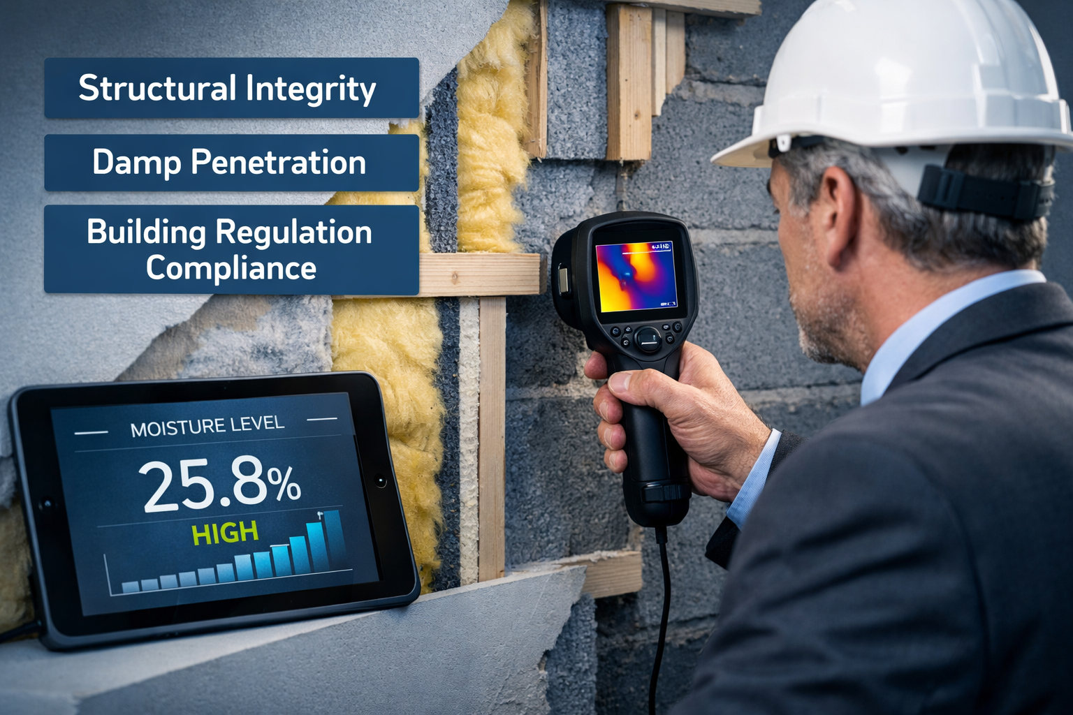 () close-up photograph of chartered building surveyor in professional attire conducting detailed property inspection, using