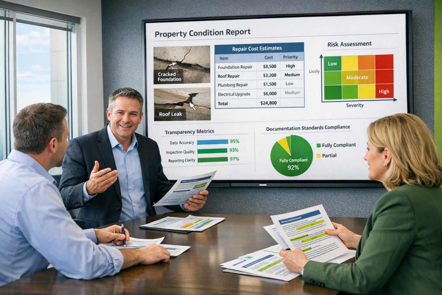 () modern office setting showing building surveyor presenting comprehensive survey report to clients across conference