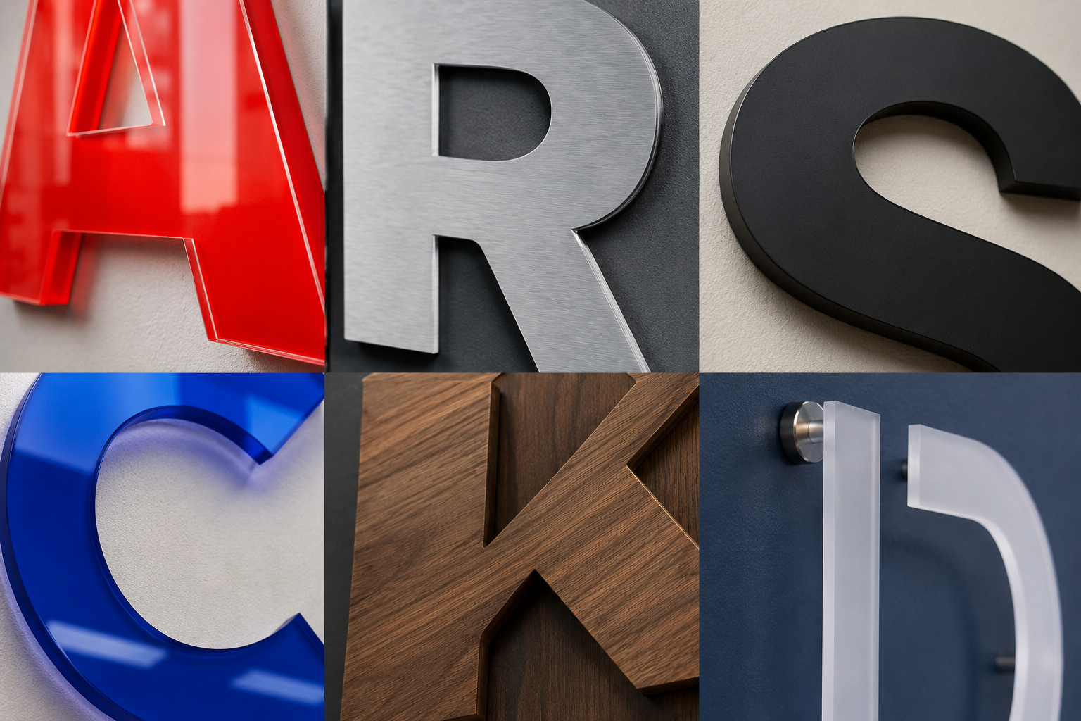 Mosaic of flat cut letter close-ups showing polished colored acrylic, brushed aluminum, matte black PVC, and wood grain, each with clean, precise cut edges.