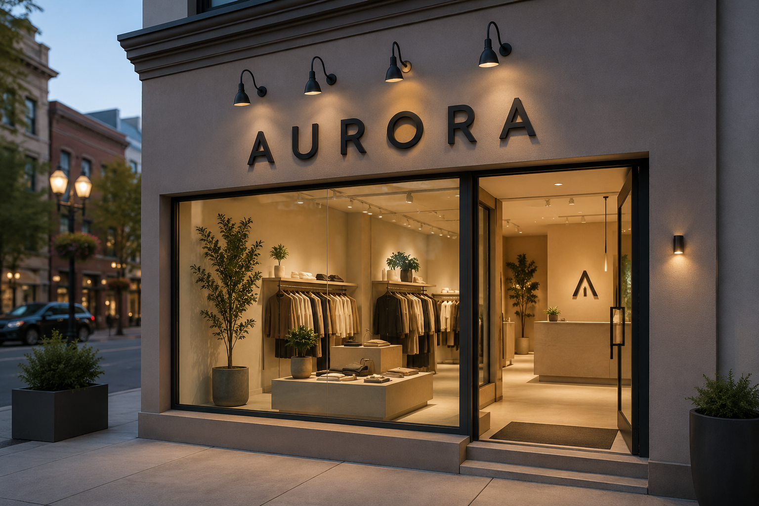Modern retail storefront with a flat cut letter sign mounted above the display window, clearly visible from the street, and a smaller matching sign near the interior reception.