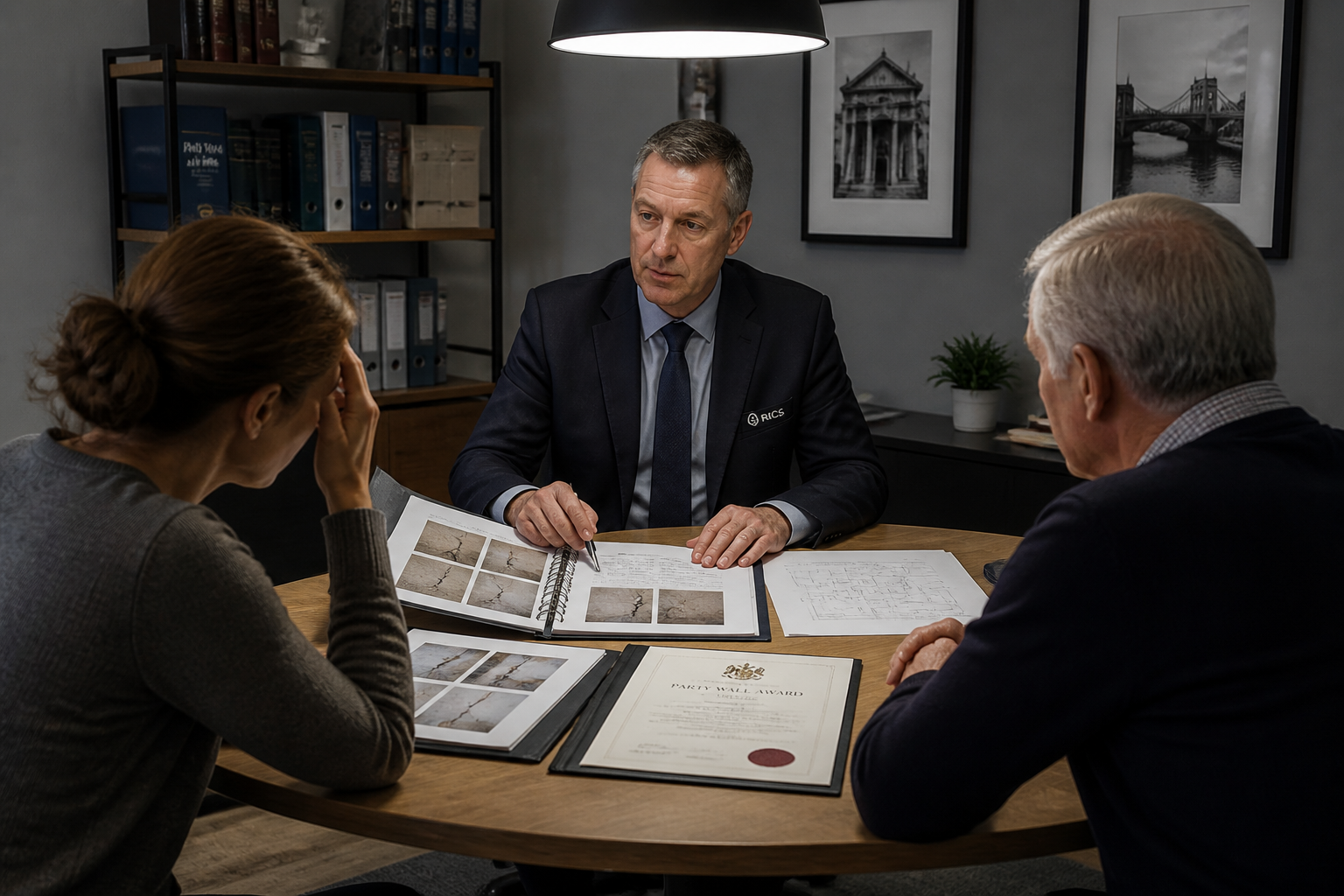 () editorial illustration showing a formal surveyor appointment scene: two property owners seated across a table from a