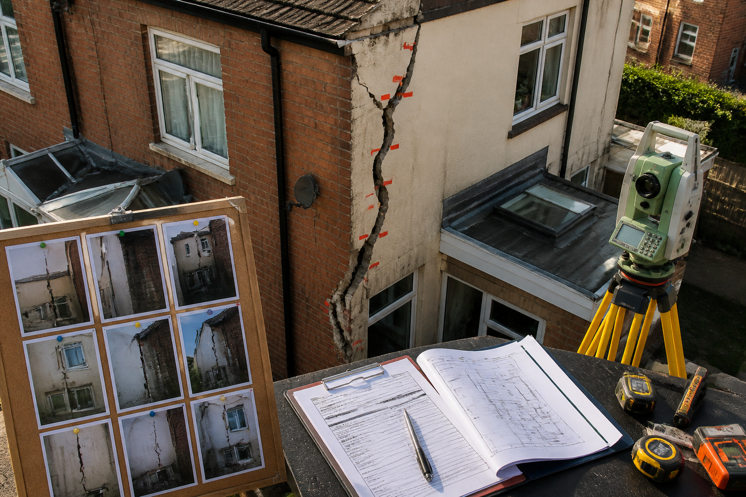 () dramatic close-up aerial view of a UK semi-detached property boundary showing a cracked shared party wall with visible