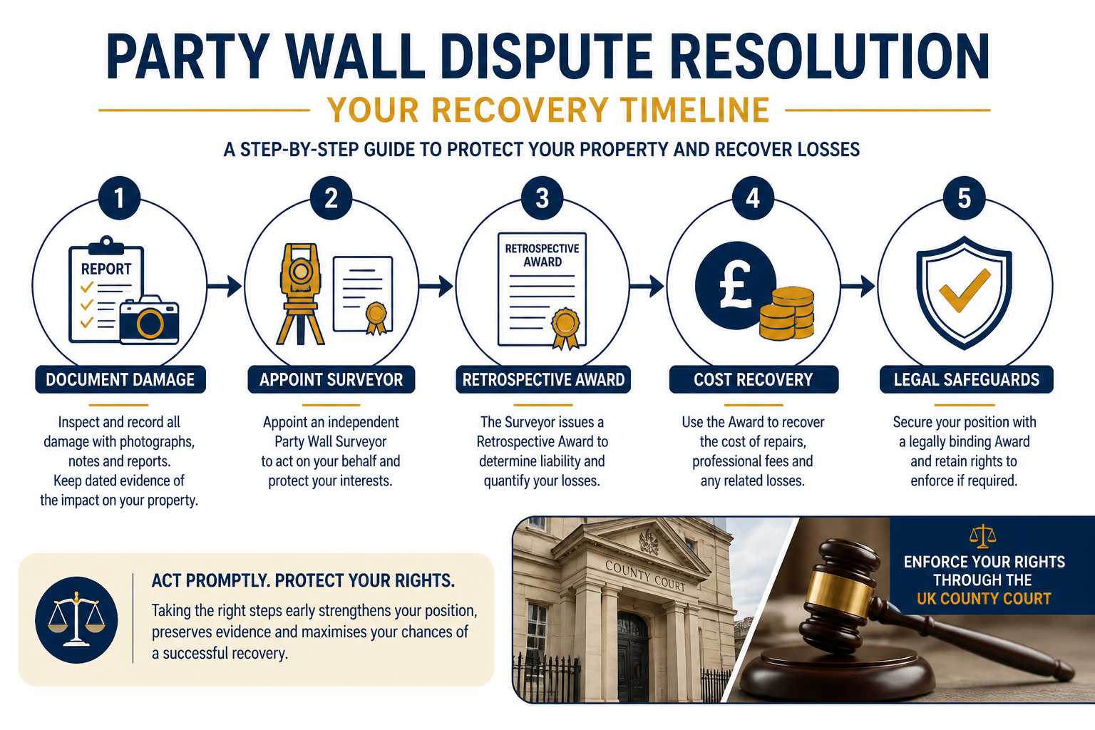 () infographic-style editorial image showing a step-by-step recovery timeline flowchart for party wall dispute resolution: