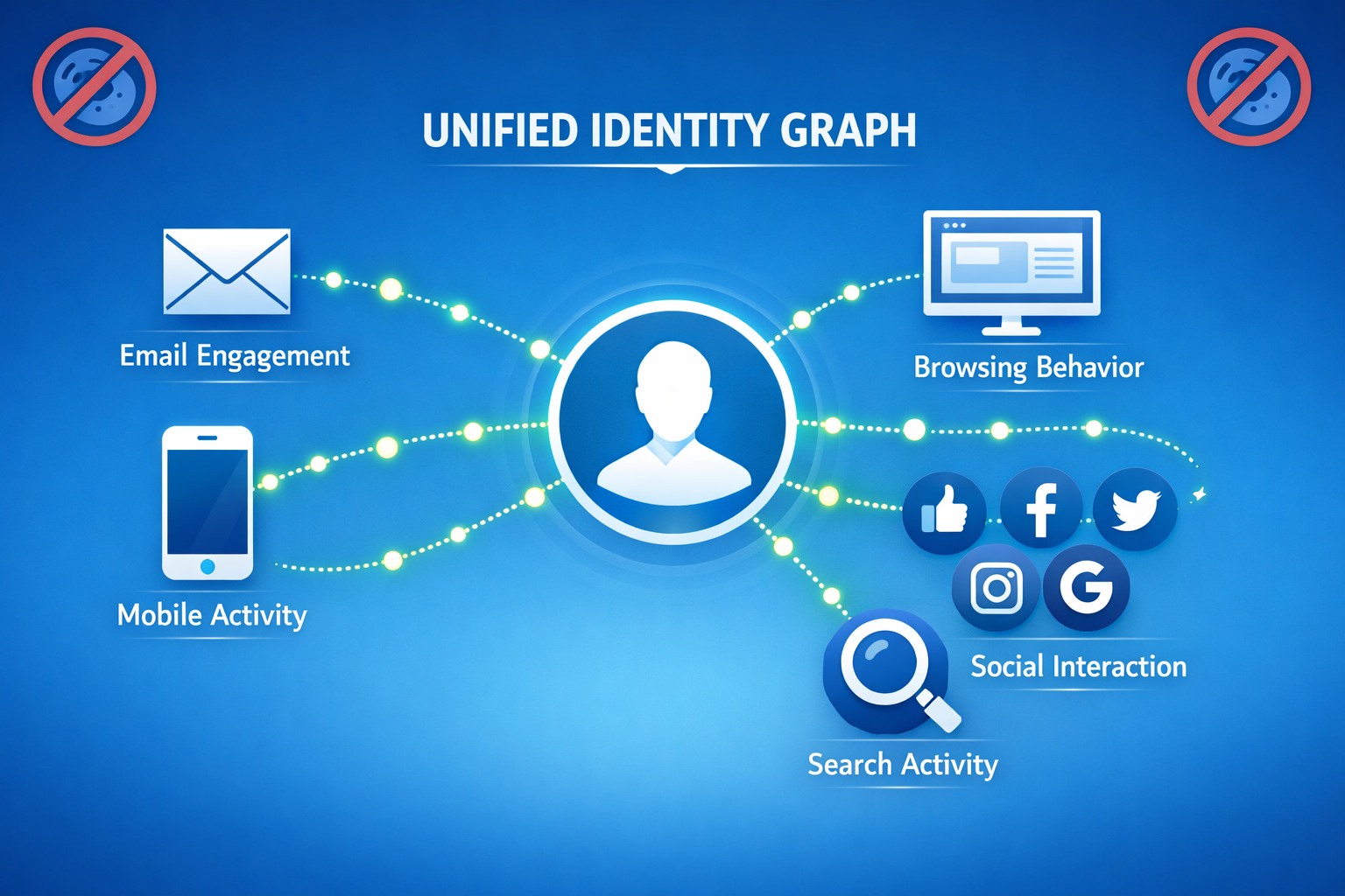 () editorial illustration showing unified identity graph visualization with central user profile icon connected to multiple