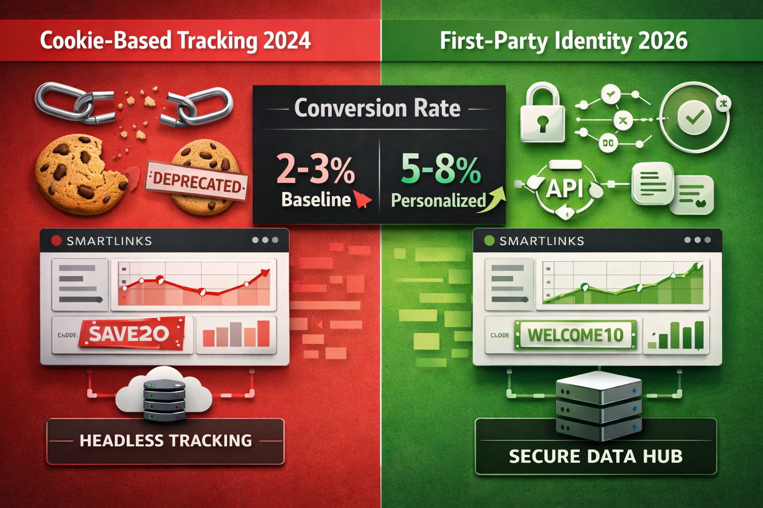 () split-screen comparison visual showing left side labeled 'Cookie-Based Tracking 2024' with broken chain links and