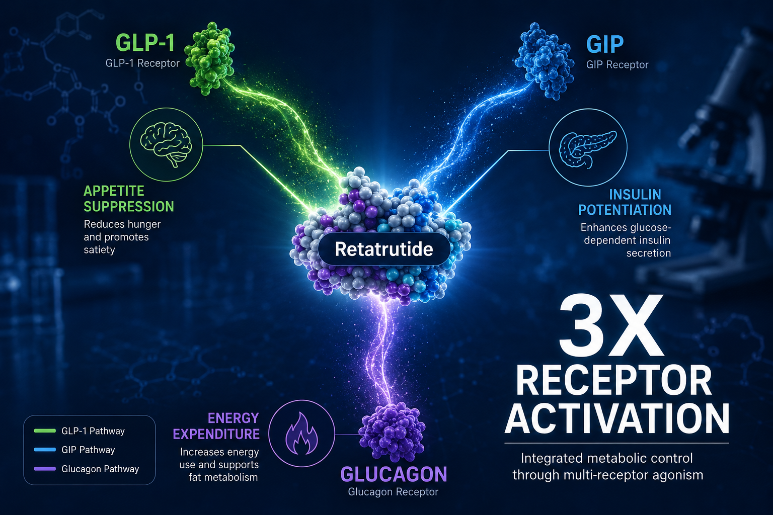 Detailed () scientific infographic illustration showing three distinct receptor pathways — GLP-1, GIP, and Glucagon — as
