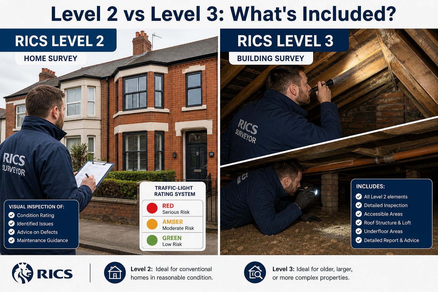 () editorial infographic-style image showing a split-panel comparison between RICS Level 2 and Level 3 survey types. Left