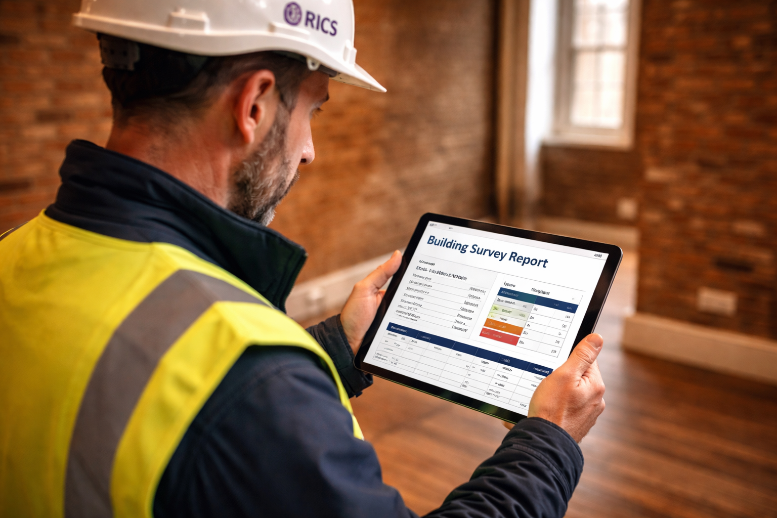 () professional editorial photograph of a RICS-accredited surveyor in a hi-vis vest and hard hat reviewing a detailed