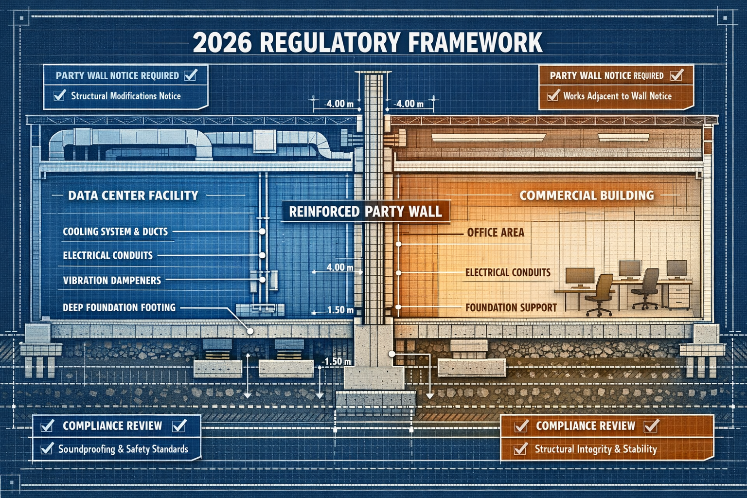 Detailed landscape format (1536x1024) illustration showing cross-section diagram of party wall between data center facility and adjacent com