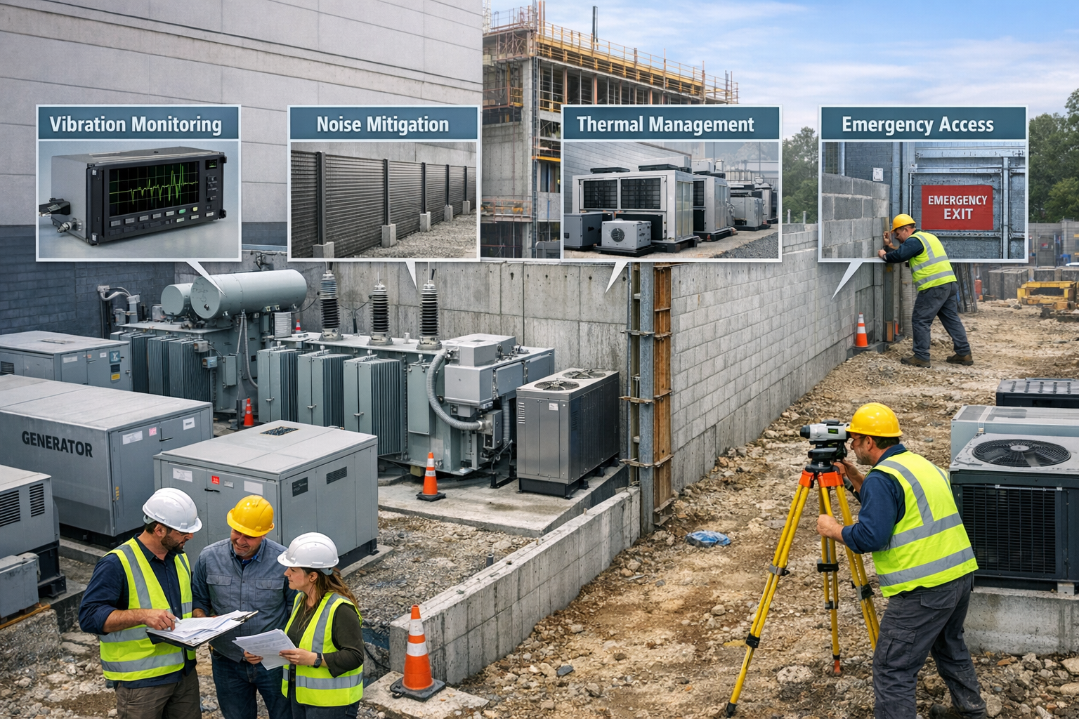 Detailed landscape format (1536x1024) photorealistic rendering of modern power facility construction adjacent to existing commercial propert