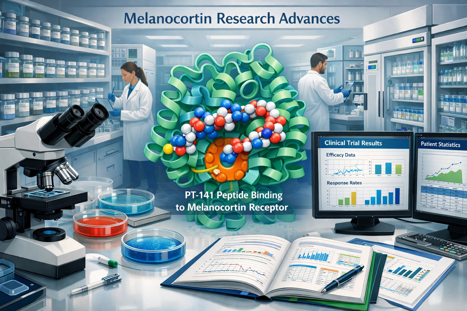 Detailed landscape illustration (1536x1024) showing scientific research laboratory scene focused on peptide synthesis and testing. Central f