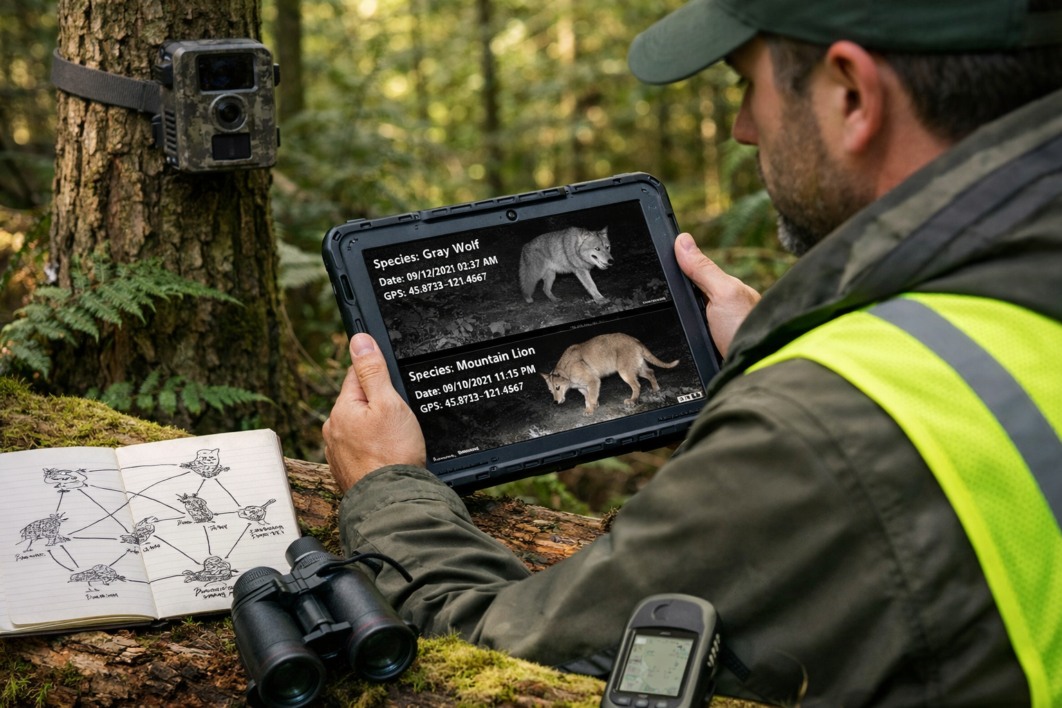 Detailed () image showing professional ecologist in high-visibility vest examining camera trap footage on rugged tablet
