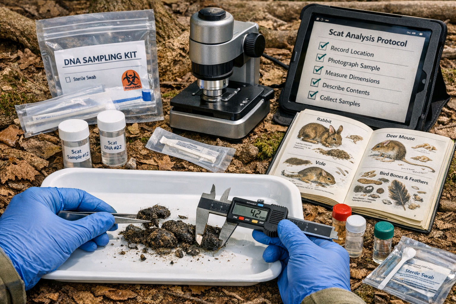 Detailed () close-up image showing scat analysis field work with gloved hands examining predator droppings on white