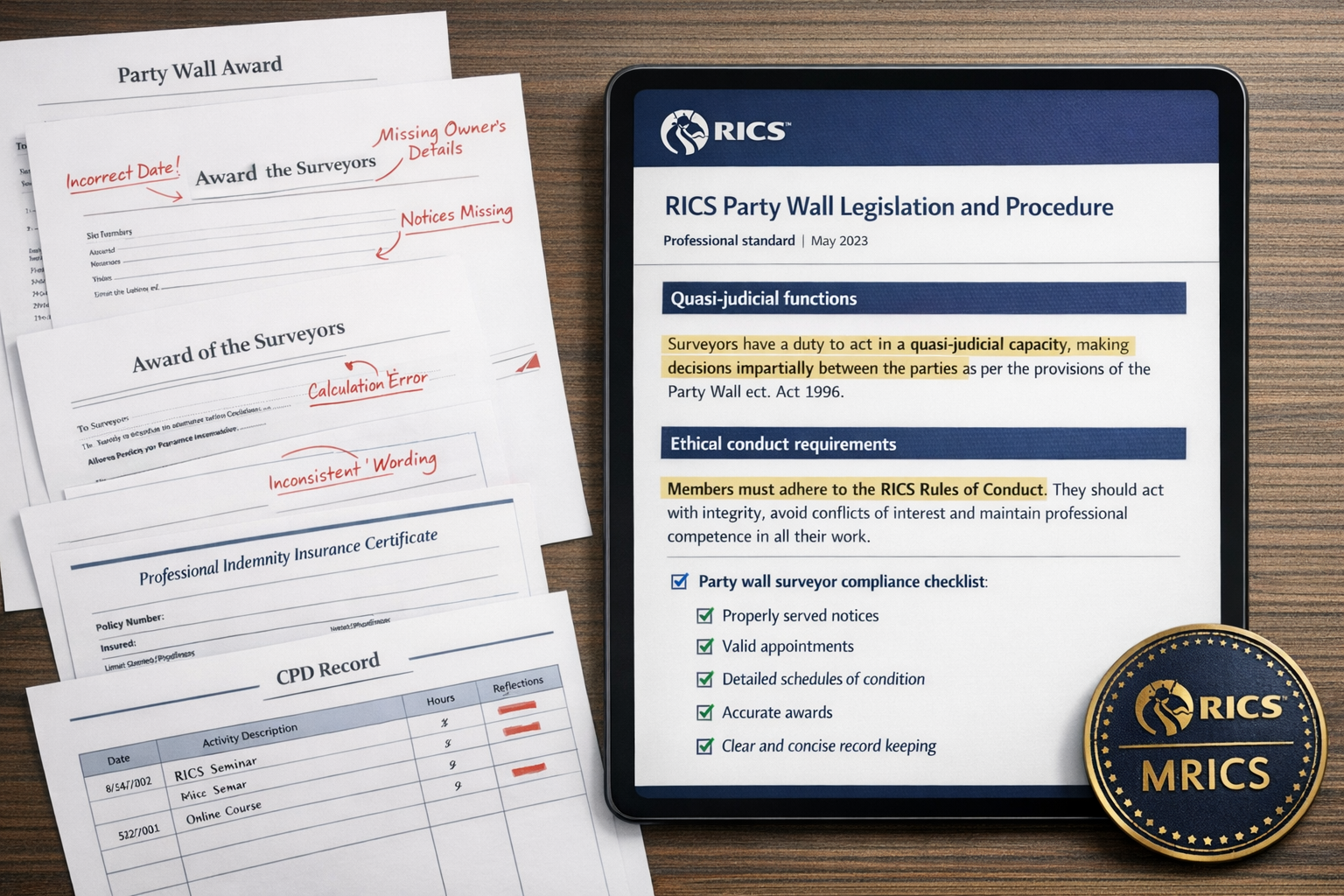 Detailed landscape format (1536x1024) image showing comprehensive RICS Party Wall Legislation and Procedure professional standard document f