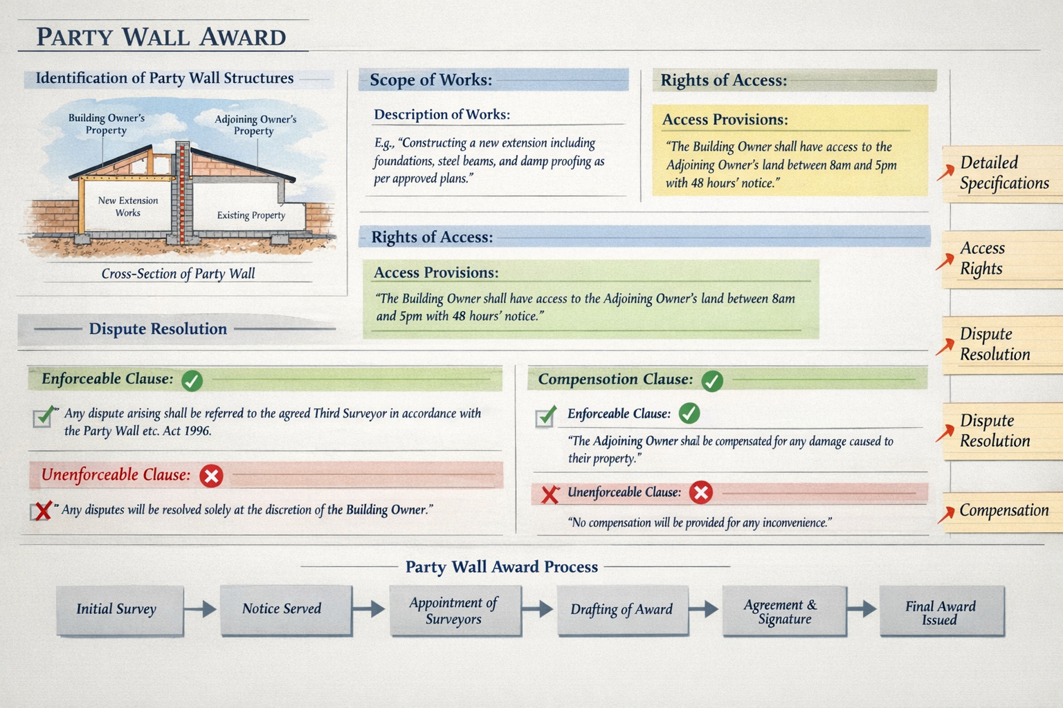 Detailed landscape format (1536x1024) image depicting party wall award document structure with annotated sections showing essential clauses: