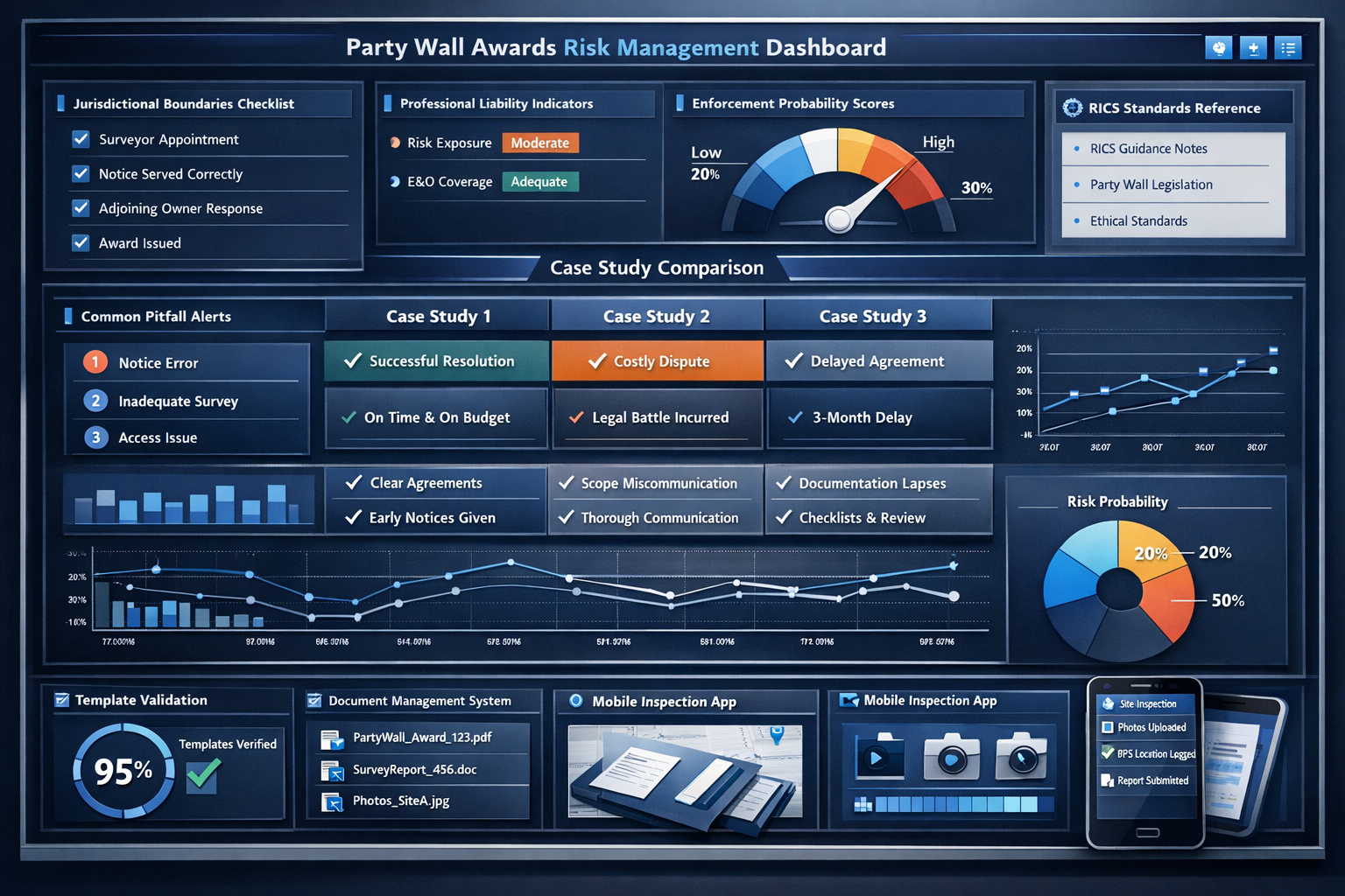Detailed landscape format (1536x1024) image showing modern digital risk management dashboard for party wall awards with real-time compliance