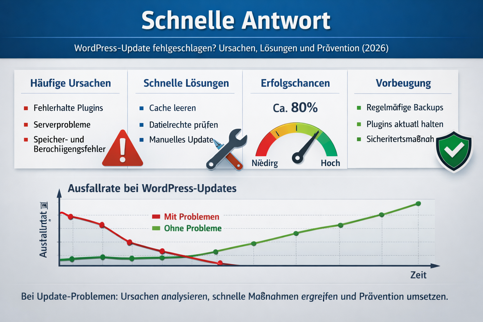 Professional infographic for article "WordPress-Update fehlgeschlagen? Ursachen, Lösungen und Prävention (2026)", section: