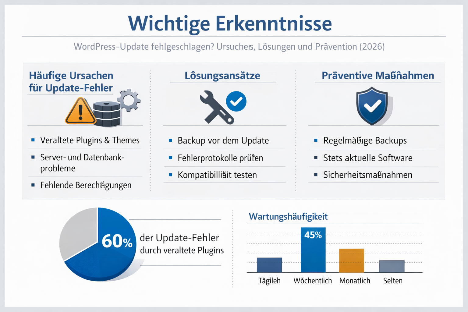 Professional infographic for article "WordPress-Update fehlgeschlagen? Ursachen, Lösungen und Prävention (2026)", section: