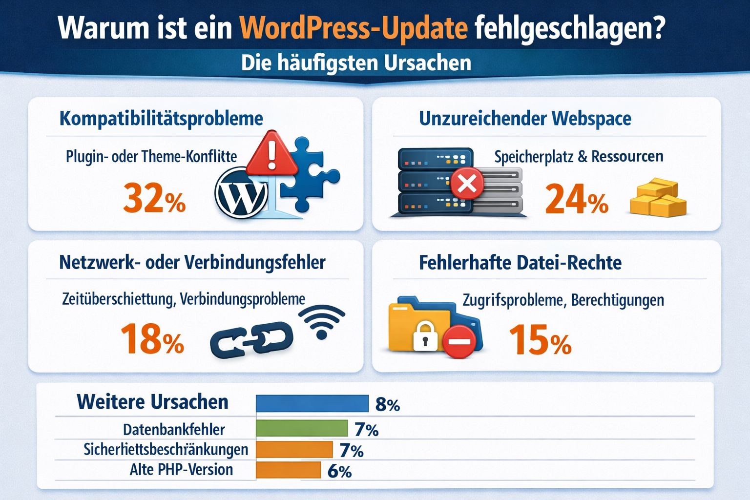 Professional infographic for article "WordPress-Update fehlgeschlagen? Ursachen, Lösungen und Prävention (2026)", section: