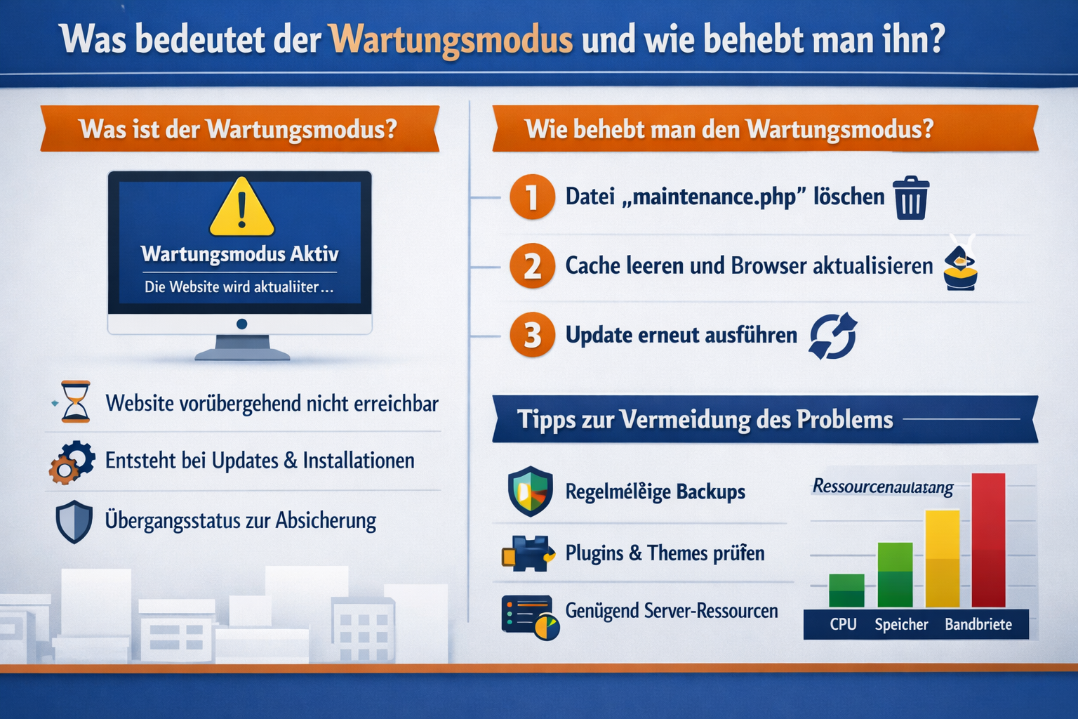 Professional infographic for article "WordPress-Update fehlgeschlagen? Ursachen, Lösungen und Prävention (2026)", section: