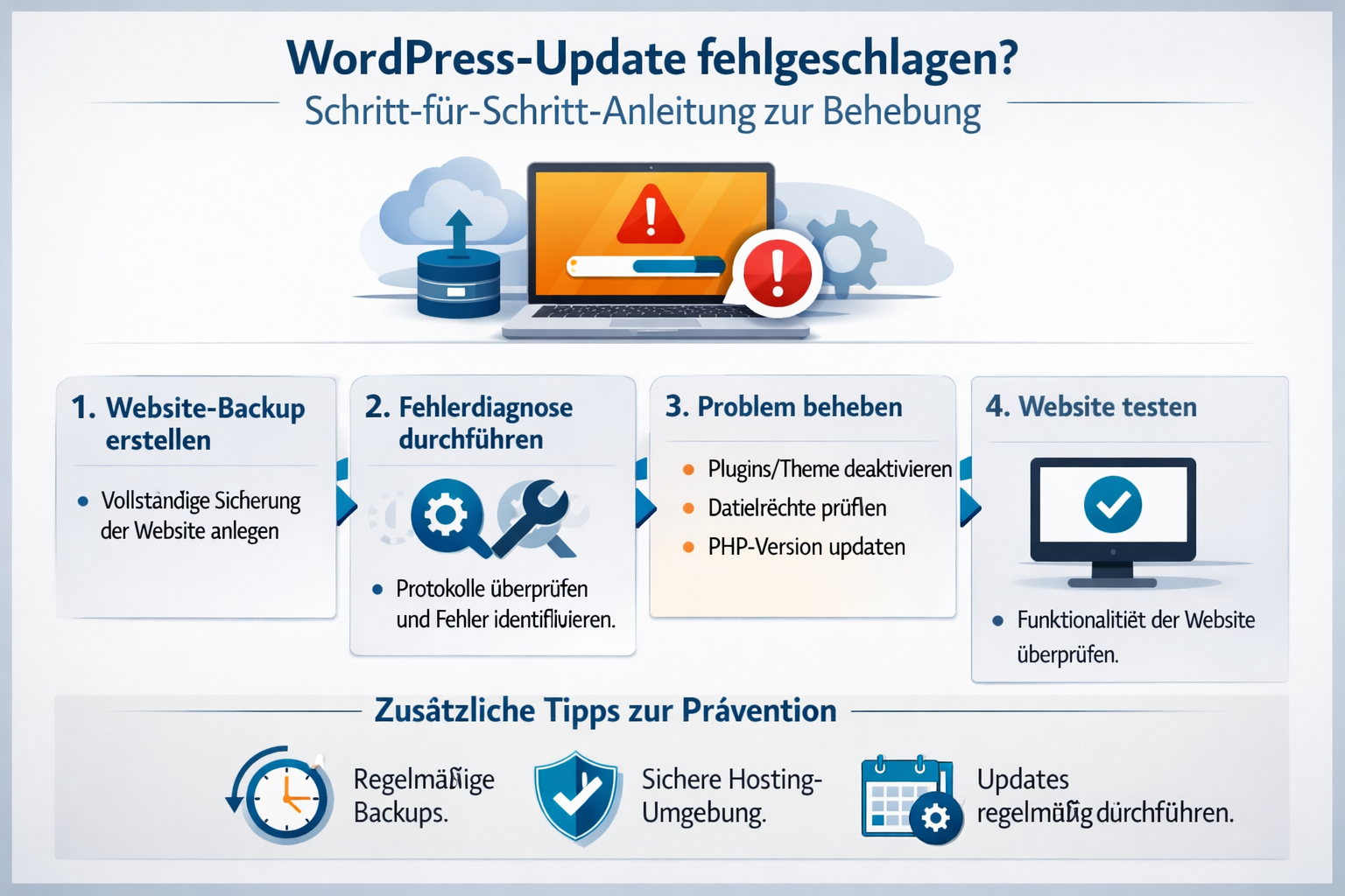 Professional infographic for article "WordPress-Update fehlgeschlagen? Ursachen, Lösungen und Prävention (2026)", section: