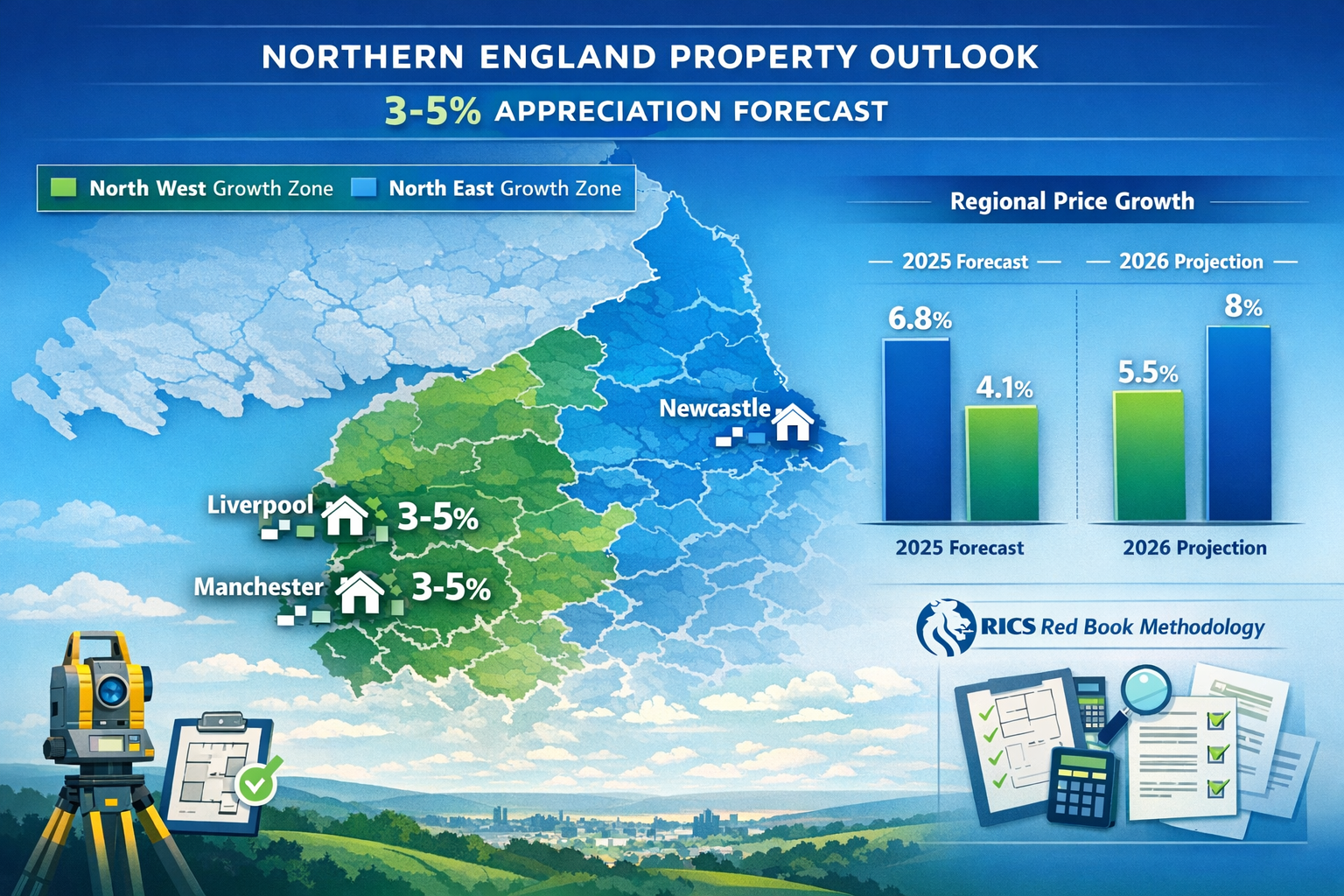 Detailed landscape format (1536x1024) infographic showing Northern England map with color-coded regions highlighting North West and North Ea