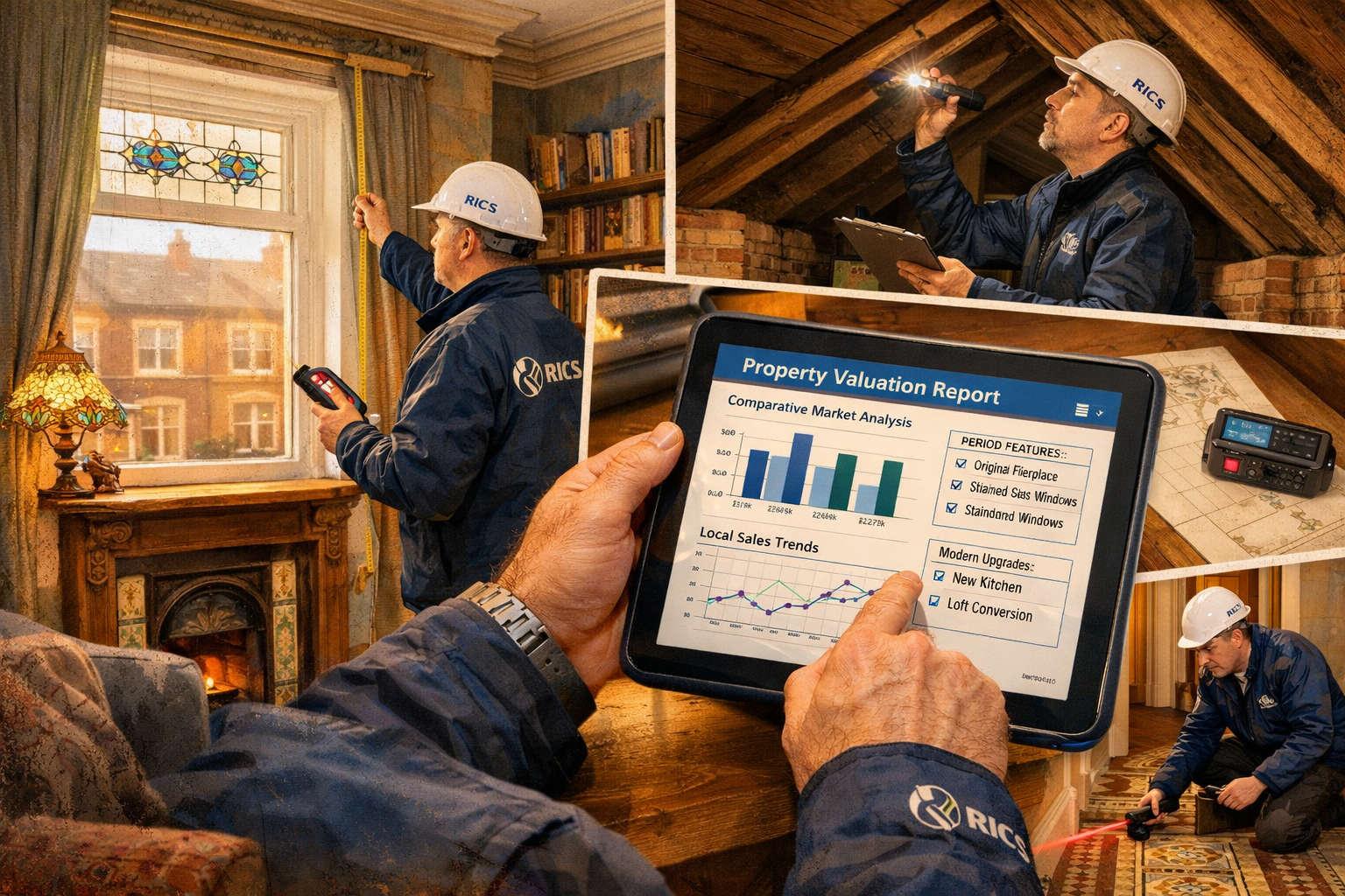 Professional landscape format (1536x1024) detailed illustration showing RICS surveyor conducting residential property valuation in Northern