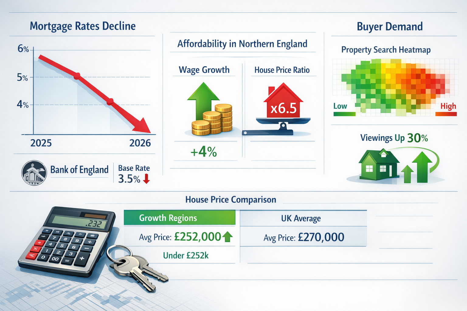 Detailed landscape format (1536x1024) financial visualization showing mortgage rate decline chart from 2025 to 2026 with downward trending l
