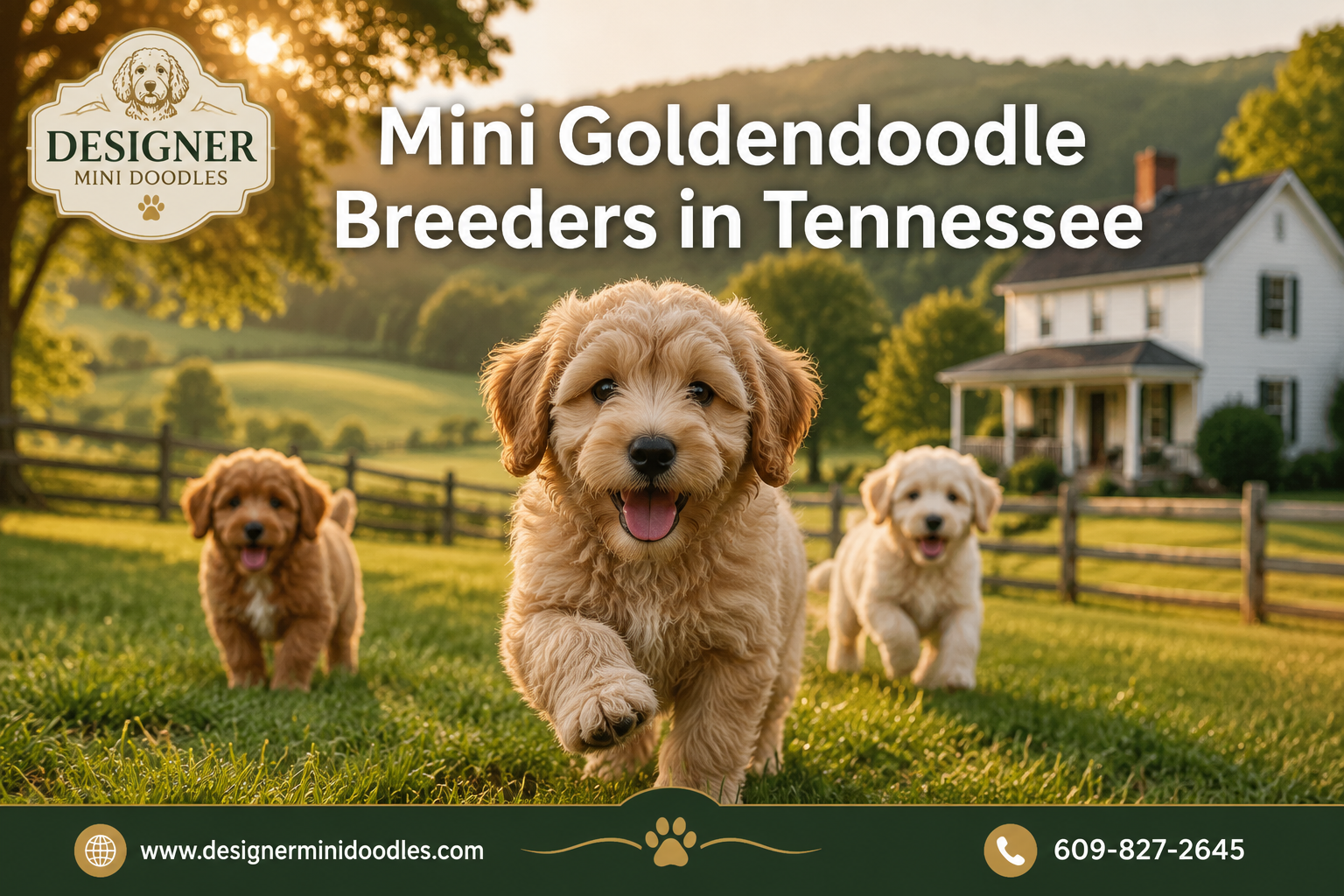 Professional () magazine-cover hero image with 'Mini Goldendoodle Breeders in Tennessee' in white with subtle drop ,