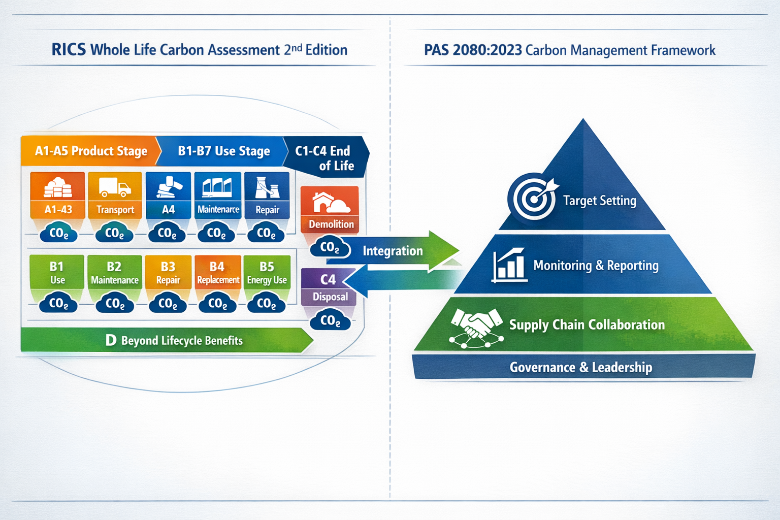 Detailed () image showing split-screen comparison of RICS Whole Life Carbon Assessment 2nd Edition framework on left side