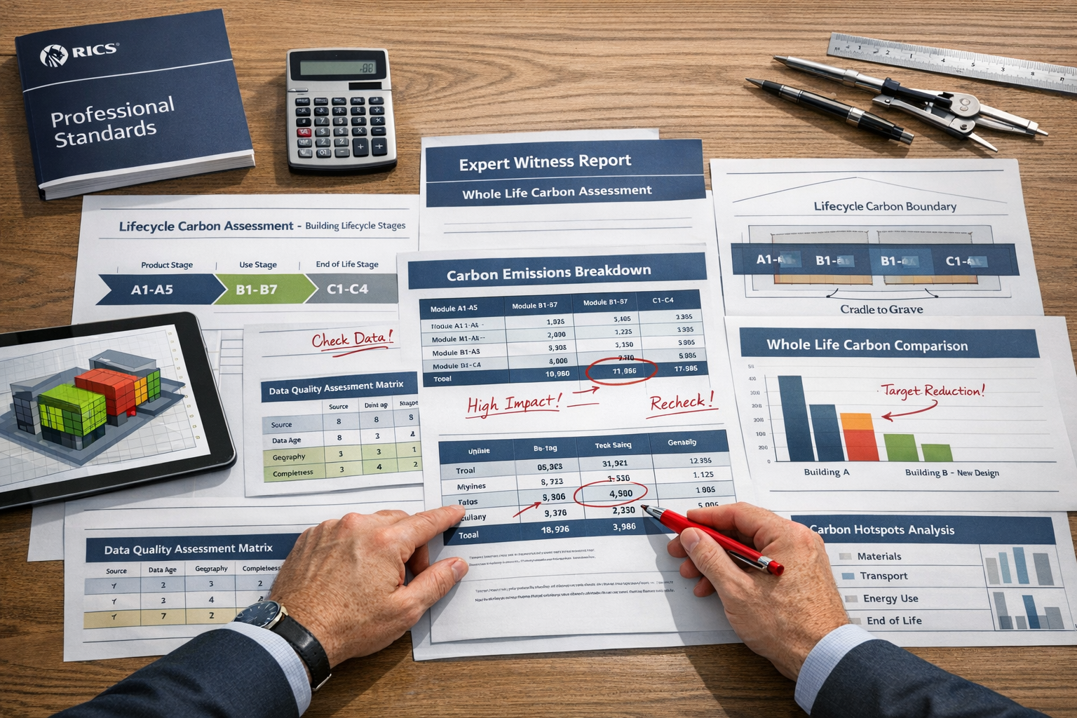Detailed () image of expert witness report template layout on large desk with multiple pages spread out showing whole life
