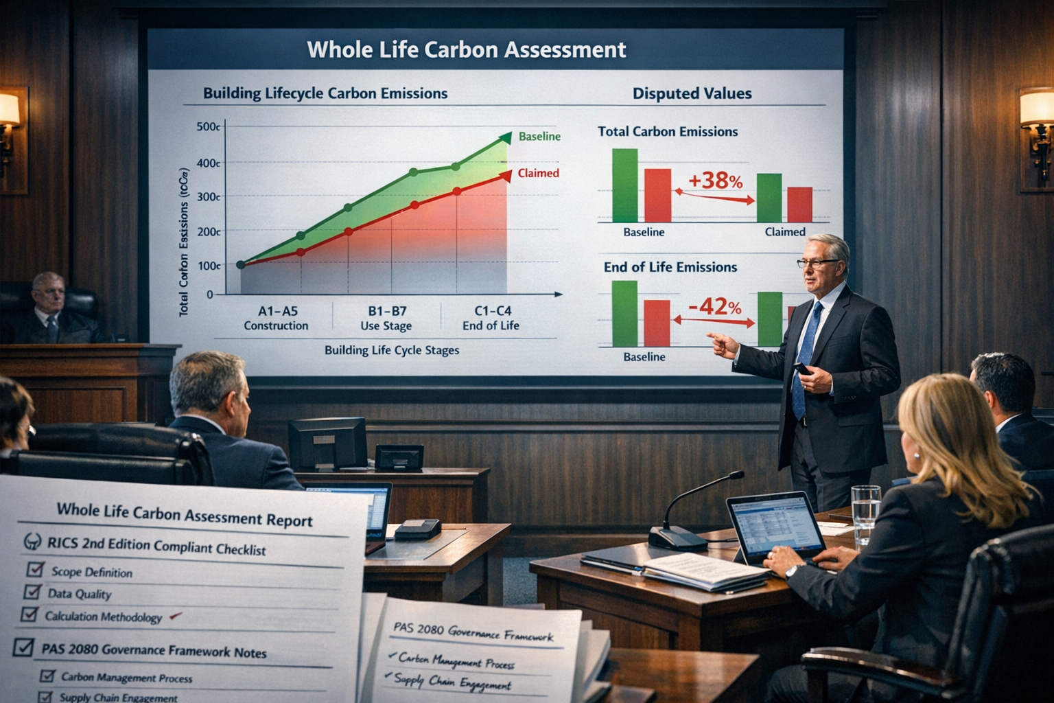 Detailed () image showing courtroom presentation scene with large projection screen displaying whole life carbon assessment