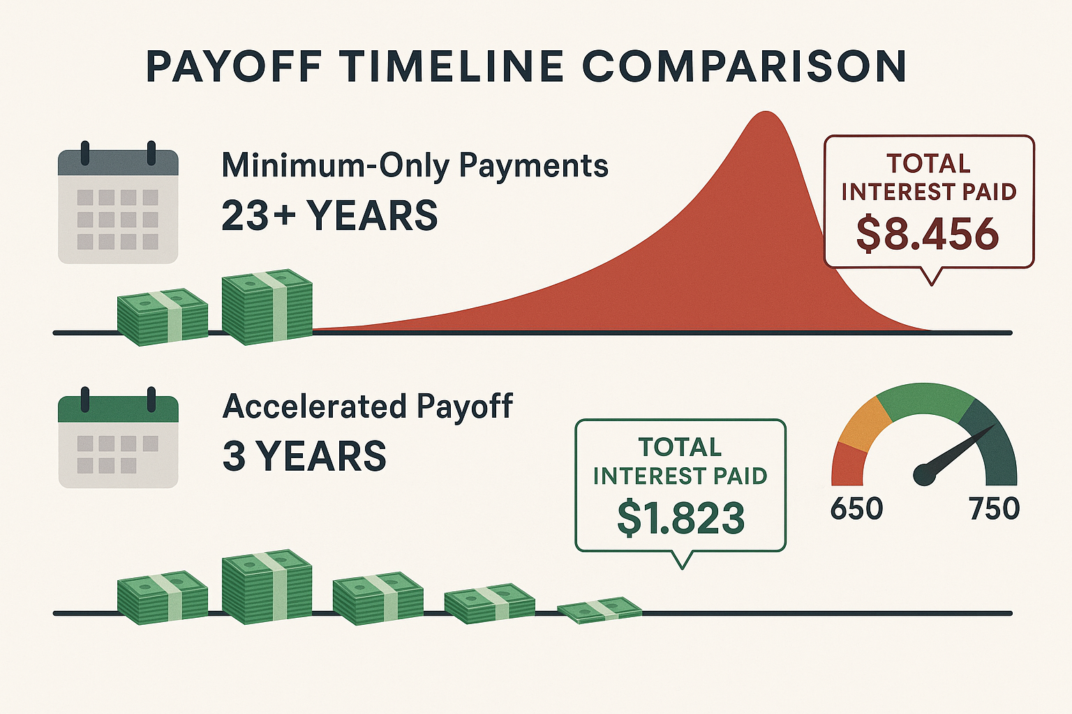 Landscape editorial chart (1536x1024) displaying dramatic payoff timeline comparison with two parallel payment scenarios: top timeline shows