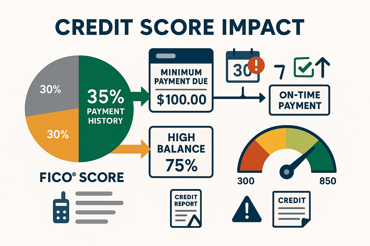 Comprehensive credit score impact diagram (1536x1024) showing FICO score pie chart with 35% payment history slice highlighted in bold green,
