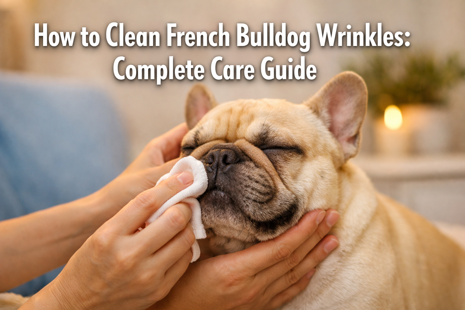 Professional landscape format (1536x1024) hero image featuring bold text overlay 'How to Clean French Bulldog Wrinkles: Complete Care Guide'