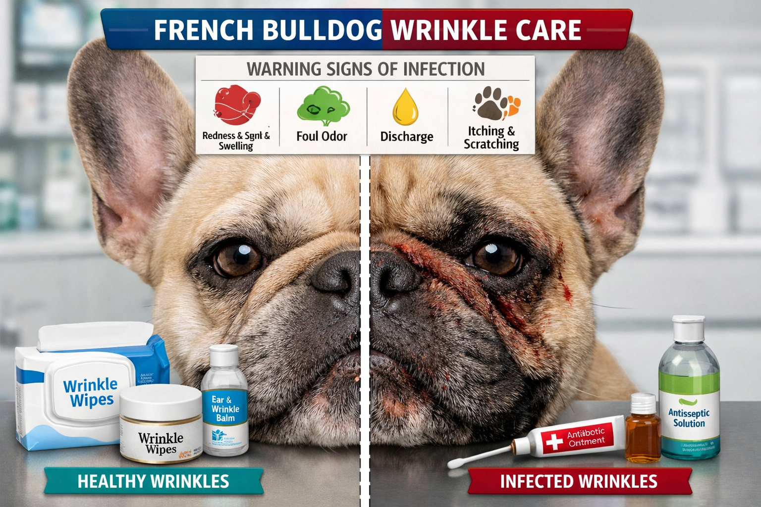 Professional landscape format (1536x1024) image displaying common French Bulldog wrinkle problems and solutions with split-screen comparison