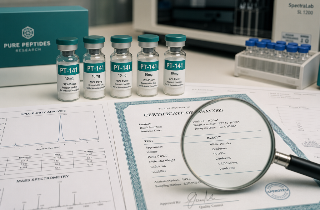 Detailed () editorial image showing a close-up of high-purity peptide vials labeled PT-141 arranged on a laboratory bench