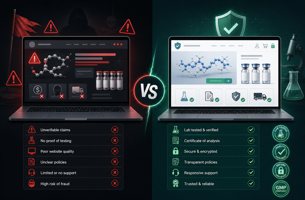 Detailed () editorial image depicting a split-screen comparison visual: left side shows a red-flagged suspicious low-quality