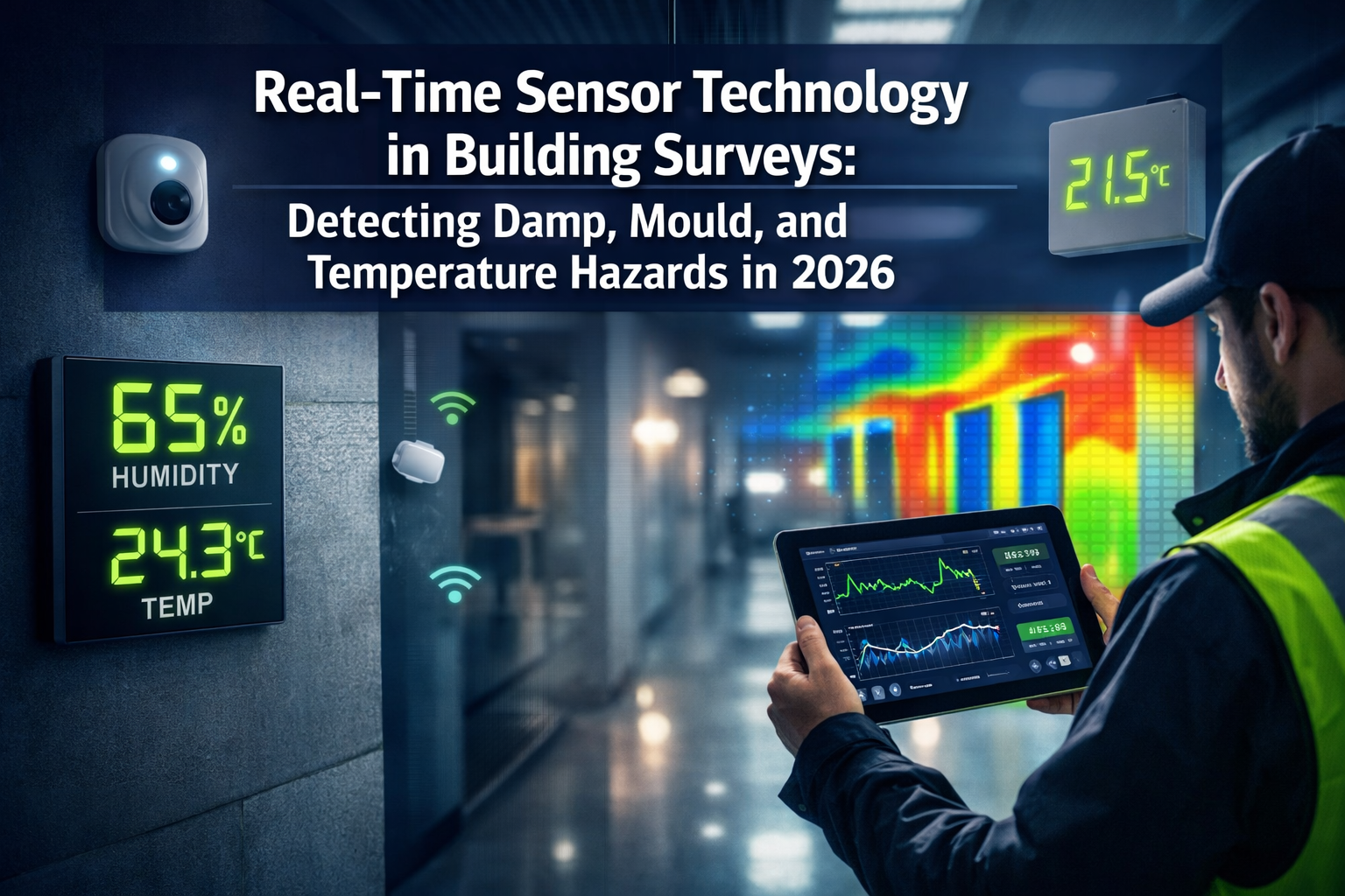 Professional () hero image with : 'Real-Time Sensor Technology in Building Surveys: Detecting Damp, Mould, and Temperature