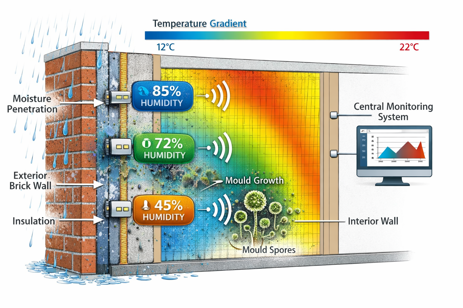 () detailed cutaway illustration of a building wall cross-section showing moisture penetration, with multiple IoT sensors