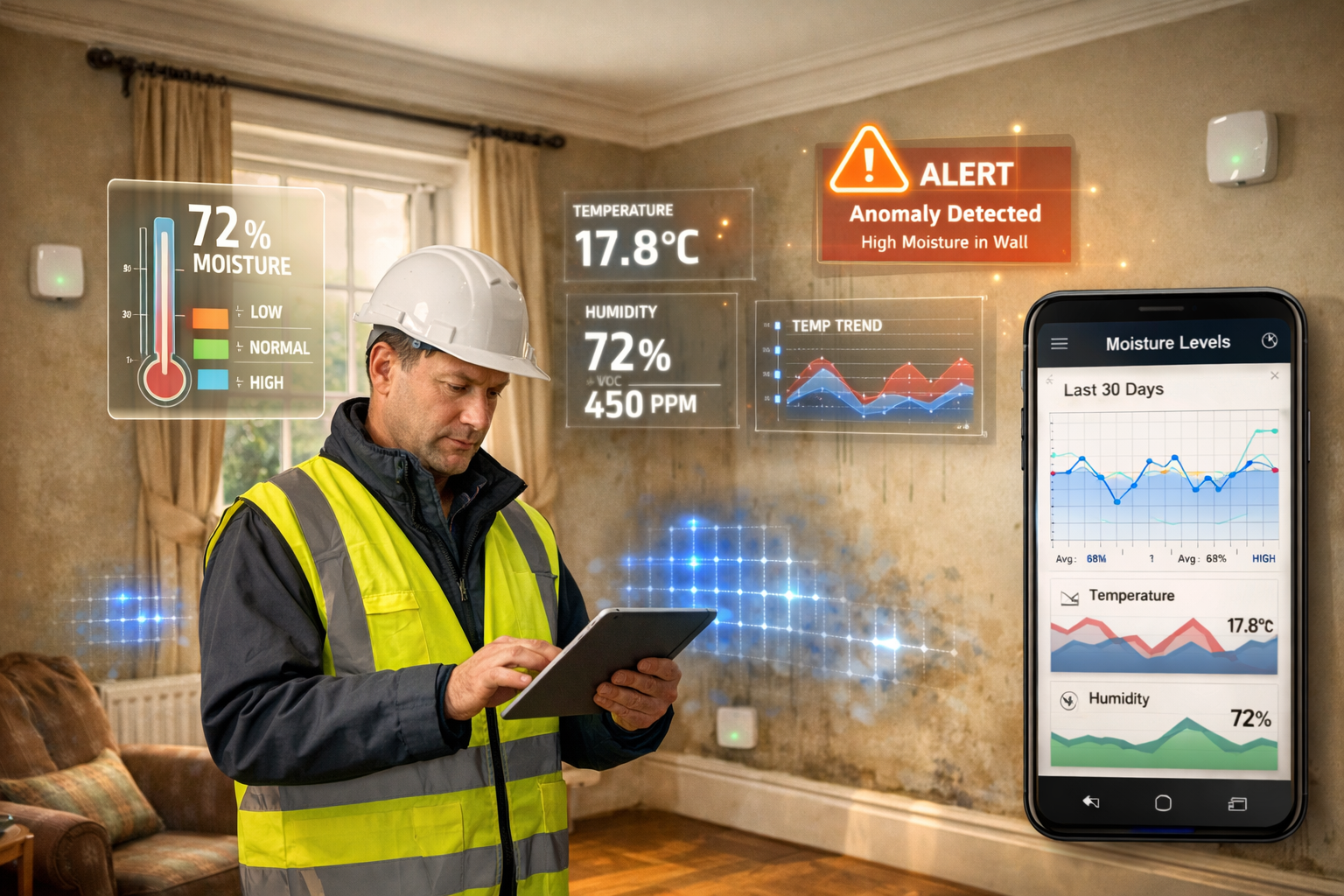 () modern surveyor in professional attire using tablet device in residential property, with augmented reality showing