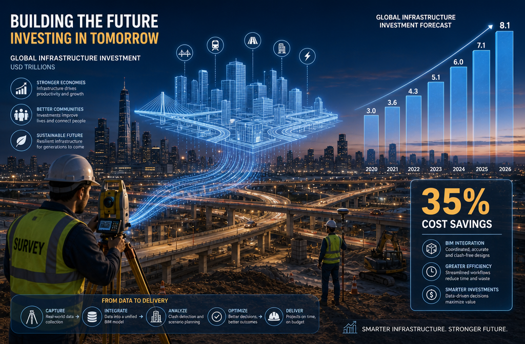 Wide-angle () illustration showing rising global infrastructure investment as an upward bar chart overlaid on a city skyline