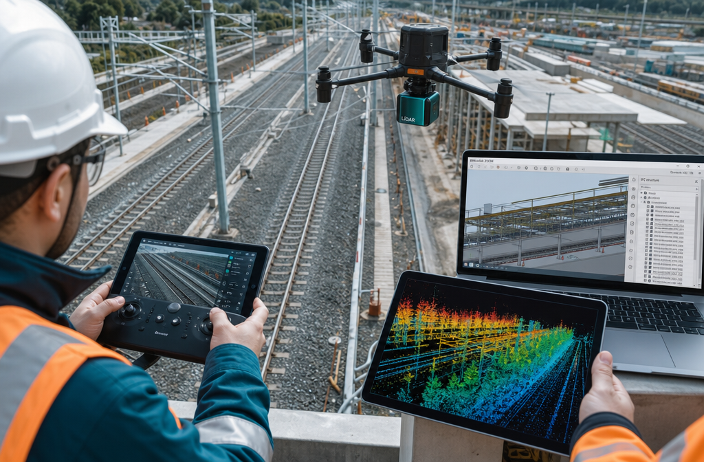 () close-up bird's-eye view of a surveyor operating a drone LiDAR scanner over a large rail infrastructure project, with