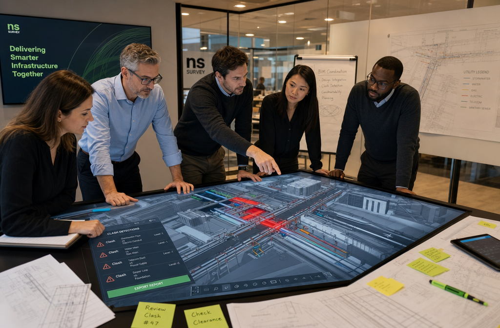() showing a diverse team of engineers and chartered surveyors gathered around a large touchscreen table displaying an
